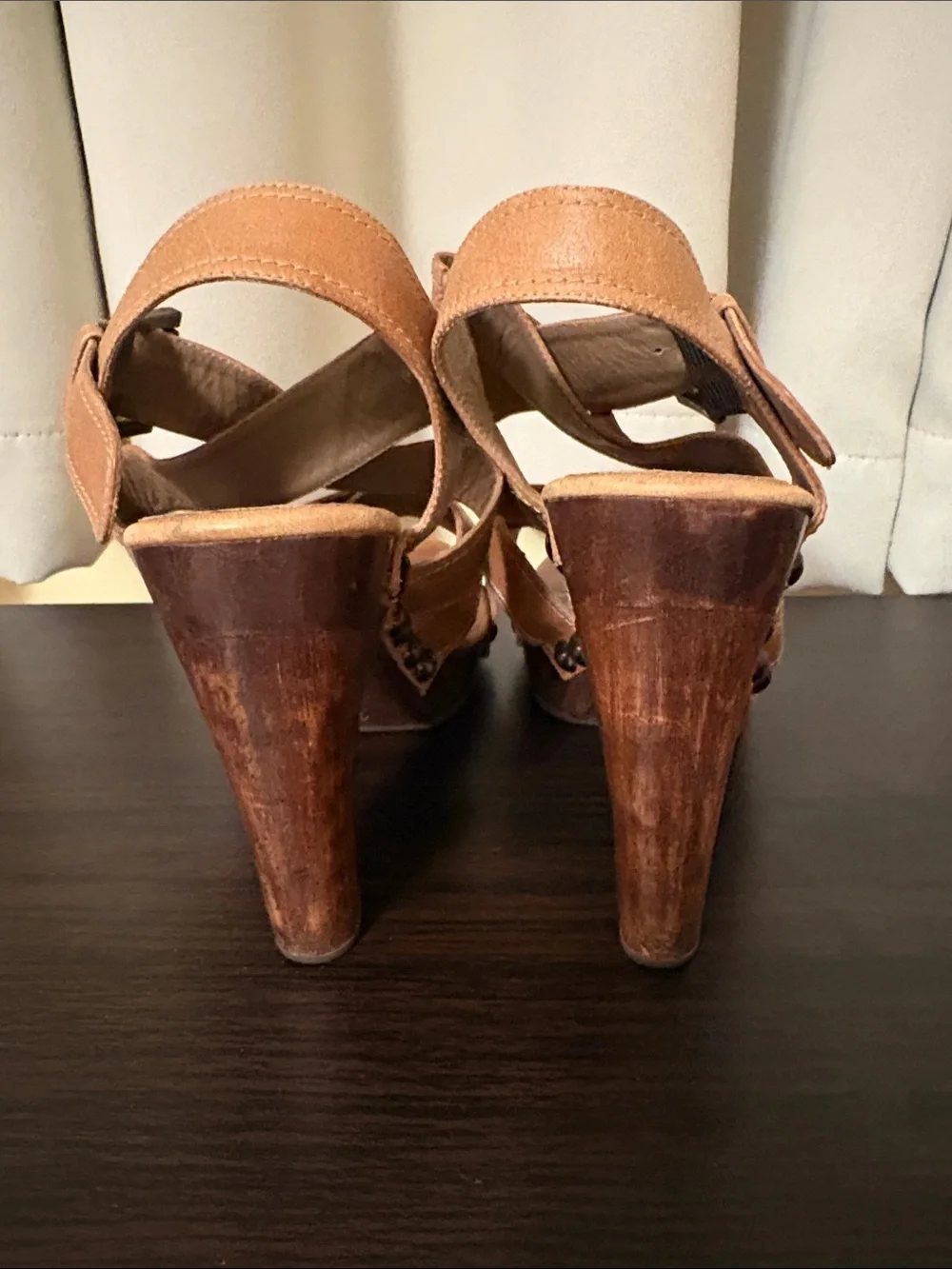 bon.bonite Vintage Women's Tan Crisscross Leather Wedge Sandals 6
